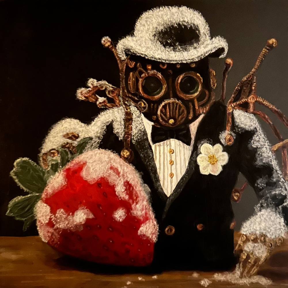 Berry Mildew 1.0 by Bloomin Fool. Mildew, as represented by an alien character, is applied to a strawberry.