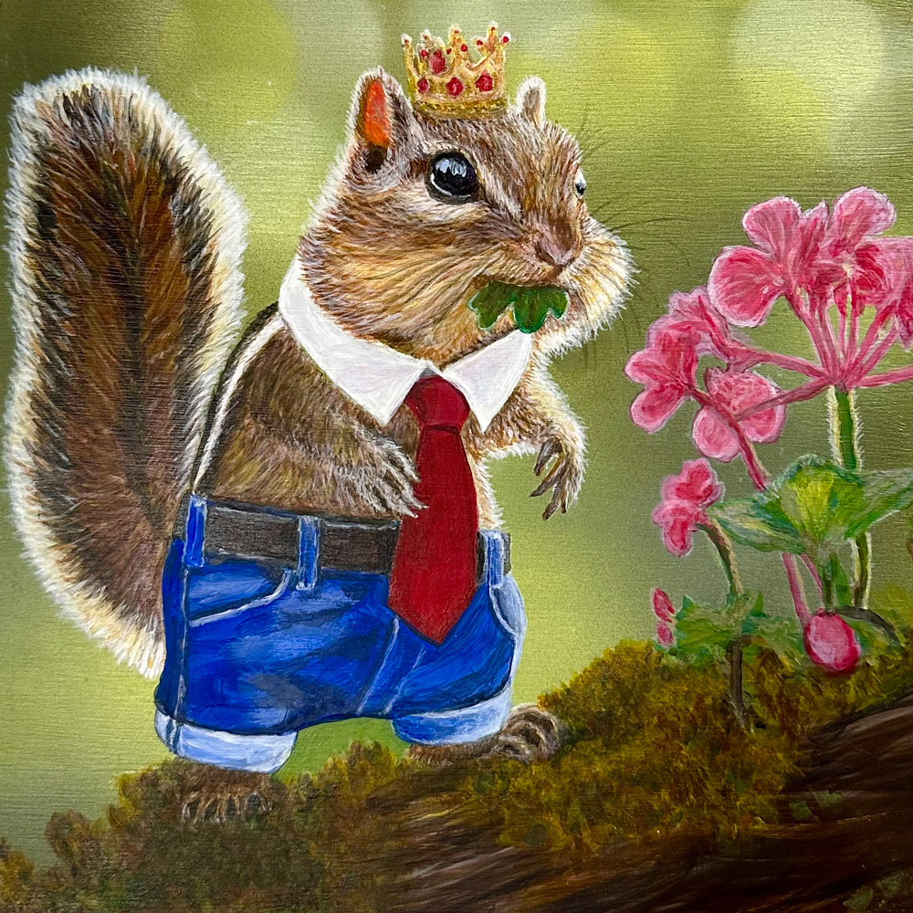 Chipmunk Eating Geranium 1.0 by Bloomin Fool. Chipmunk in a crown, tie, and jeans eating a flower.