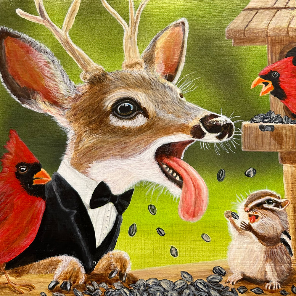 Deer And Chipmunk Racing Bird Feeder 1.0 by Bloomin Fool. As angry red cardinals watch, the invaders are eating their birdseed.