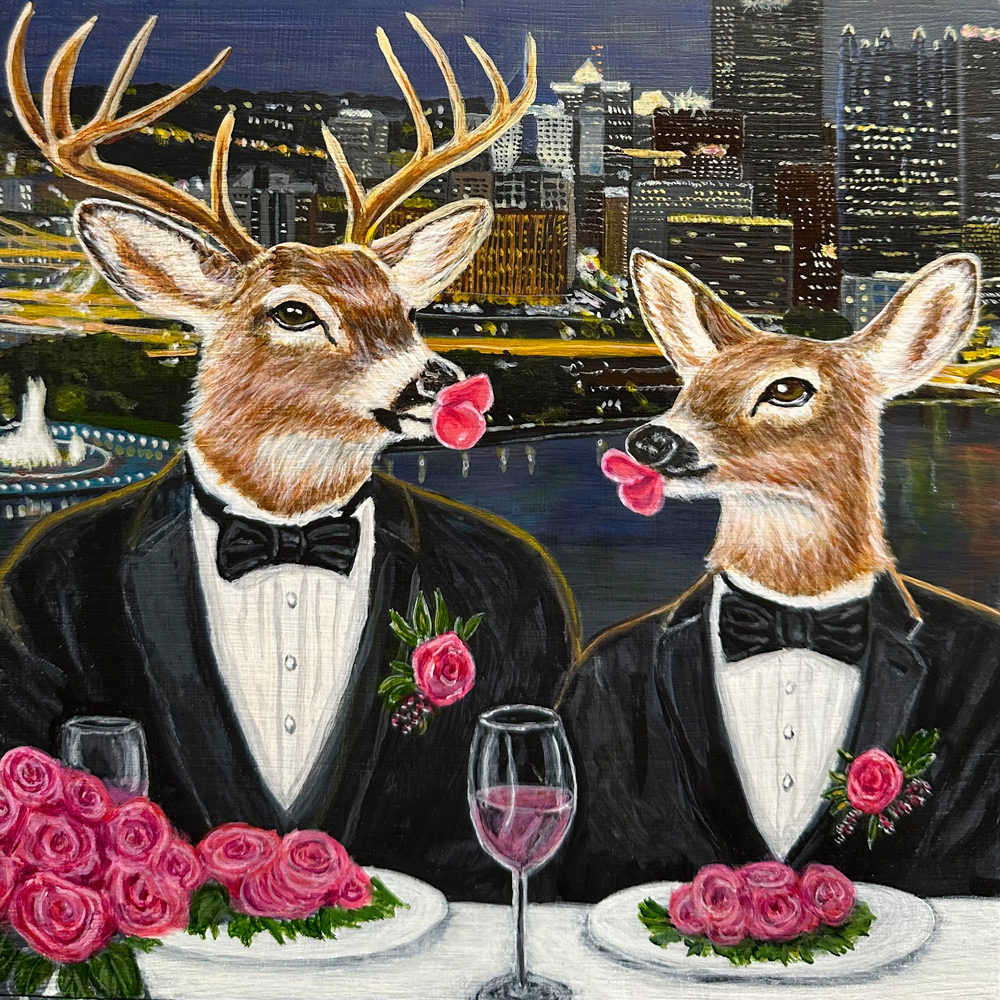 Deer Dining On Roses 1.0 by Bloomin Fool. On Mount Washington overlooking Pittsburgh at night, these deer guys are stunning in their black tuxedos at an outdoor cafe.