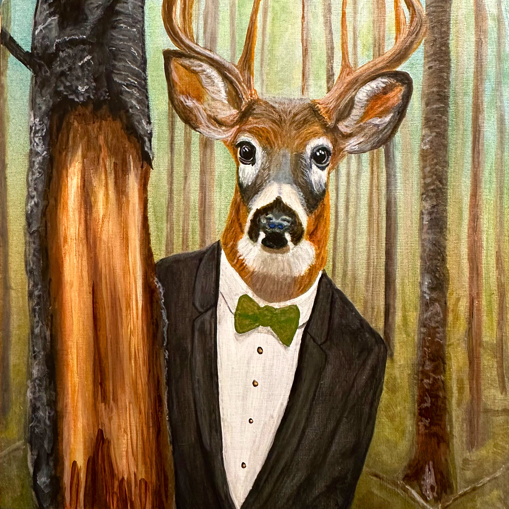 Deer Tree Stripper 1.0 by Bloomin Fool. A male deer in the woods in a tuxedo standing next to the tree he debarked.