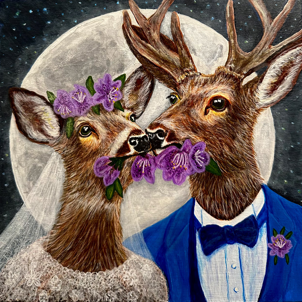 Deer Wedding With Rhododendron 1.0 by Bloomin Fool. Under a full moon in a gown and tux, a deer couple are eating their flower vows.