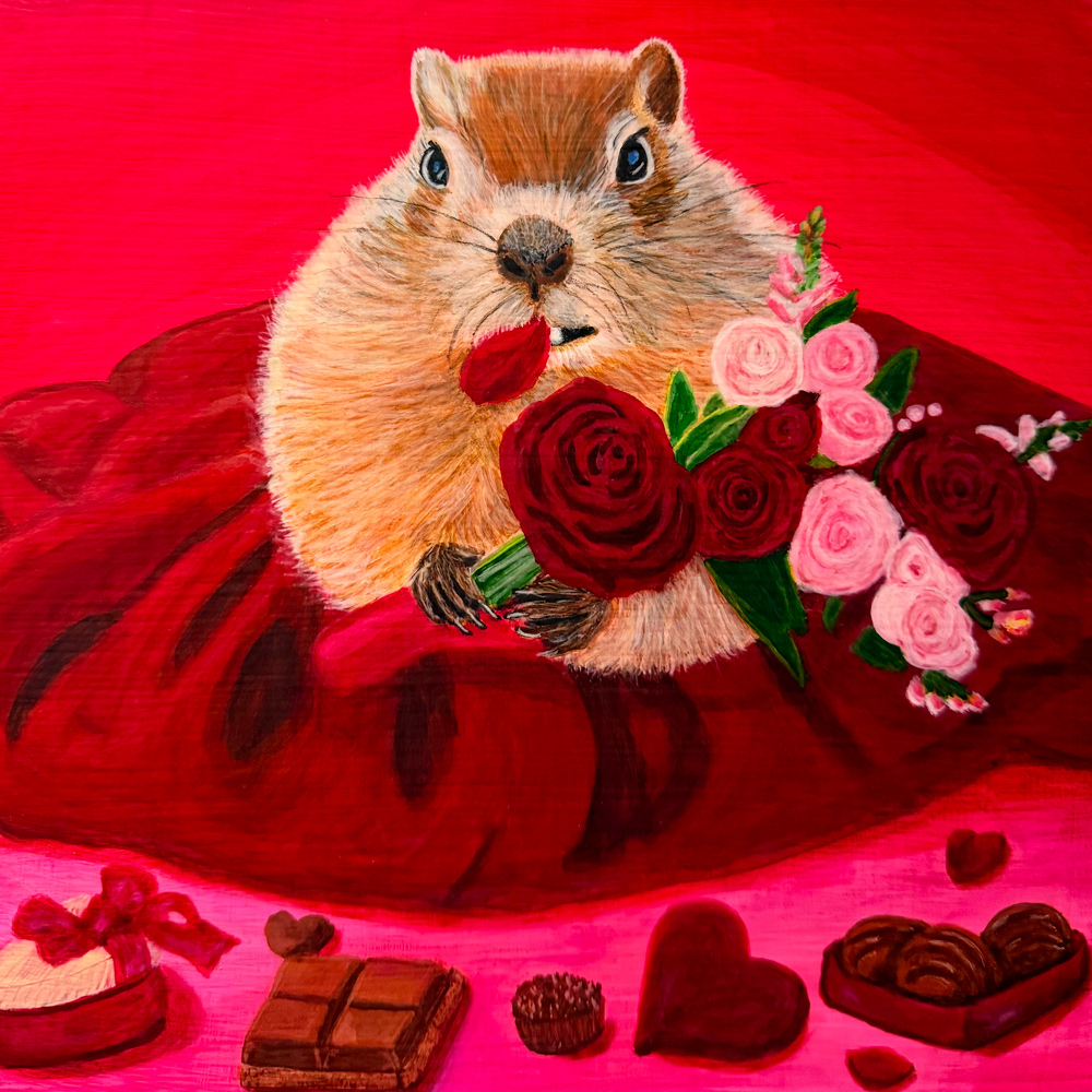 Groundhog Eating Valentine Bouquet 1.0 by Bloomin Fool. In her red gown, this girl says forget the chocolate I am eating the roses, Happy Valentines Day.