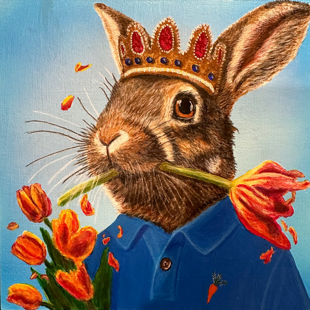 Rabbit Eating Tulips 1.0 by Bloomin Fool. Rabbit in a crown and polo shirt eating orange and yellow parrot tulips.