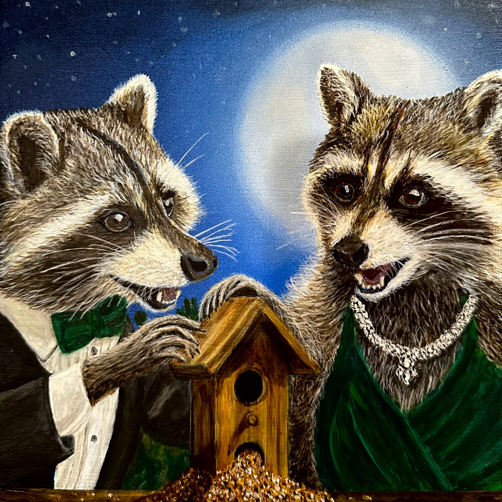 Raccoon Raiding Feeder 1.0 by Bloomin Fool. Raccoons in evening wear under a full moon eating bird seed.