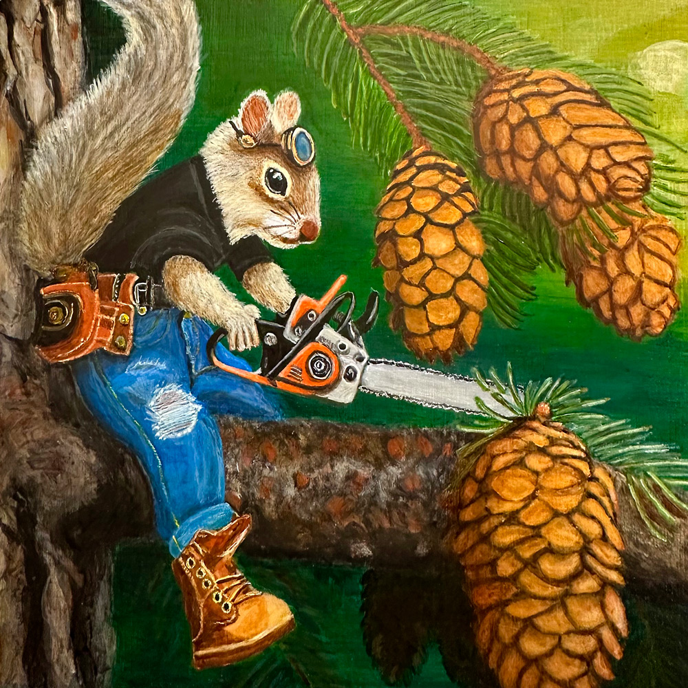 Squirrel Harvesting Pinecones 1.0 by Bloomin Fool. With his chainsaw and work clothes, this guy makes quick work of collecting pine nuts.