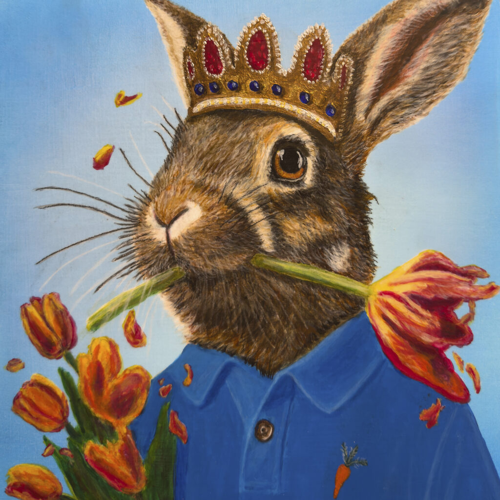 Discover how a garden theft inspired the painting Rabbit Eating Tulips 1.0. Bloomin Fool shares whimsical stories and practical solutions for rabbit-resistant gardening.