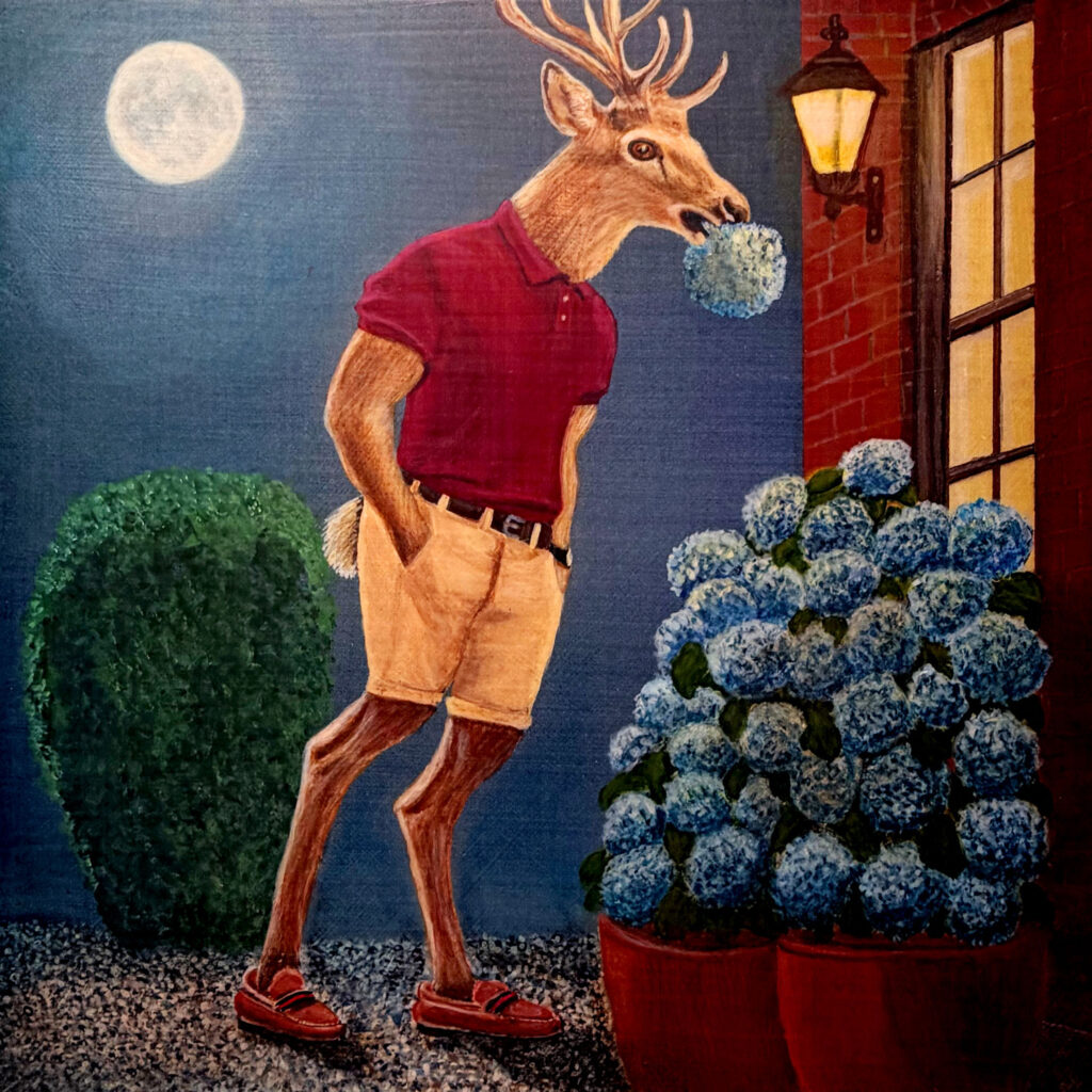A satirical acrylic painting of a deer dressed in a maroon polo shirt, khaki shorts, and loafers, casually eating a blue hydrangea bloom from a large potted plant under a full moon.