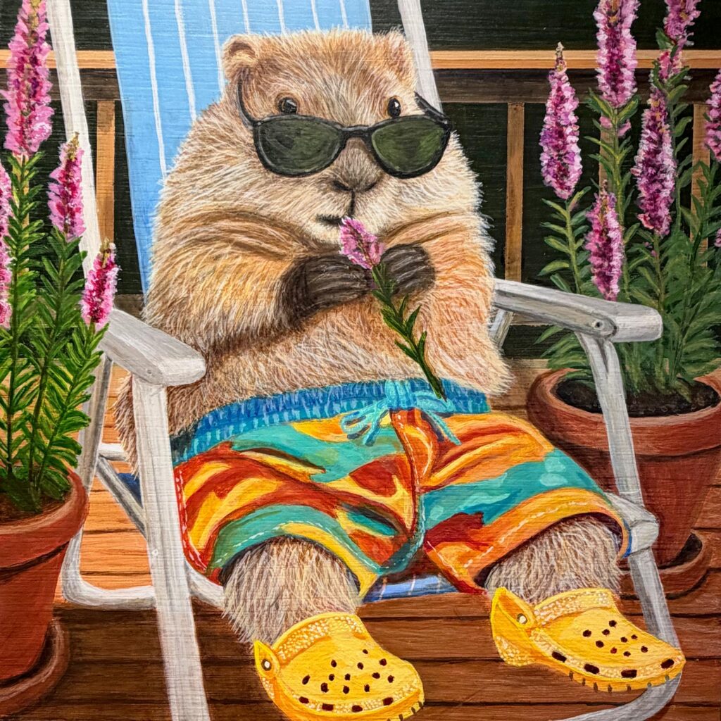 Groundhog In Sunglasses acrylic painting of a woodchuck wearing sunglasses, swim trunks, and yellow clogs while sitting in a beach chair on a wooden deck, eating a sprig of purple loosestrife.
