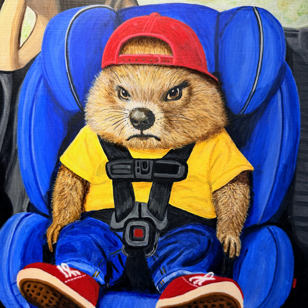 Indignant groundhog strapped into a car seat, acrylic painting on 8x8 inch wood panel by Bloomin Fool.