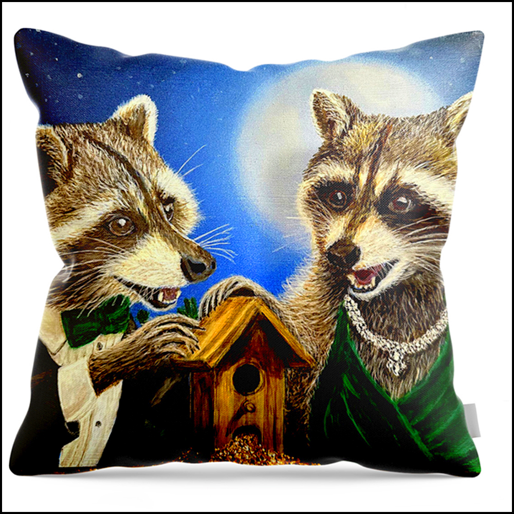 A square throw pillow featuring a satirical painting of two raccoons dressed in formal wear raiding a backyard bird feeder under the moonlight.