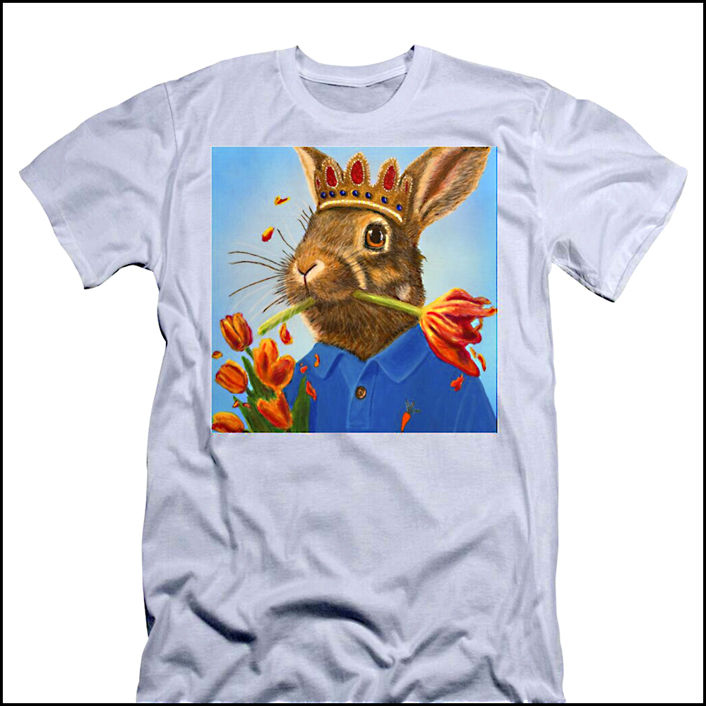 A white t-shirt featuring a satirical painting of a rabbit wearing a crown and a blue polo shirt with a carrot logo, caught eating prized garden tulips.