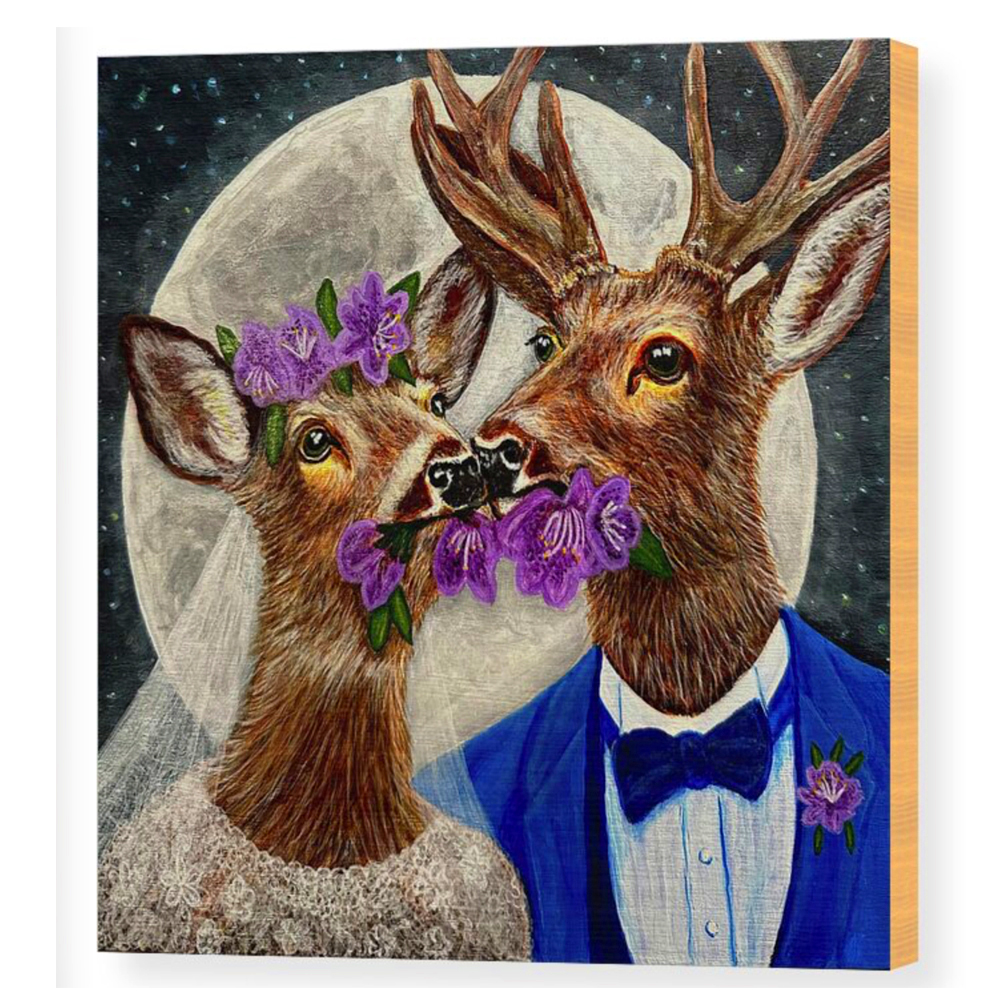 A wood panel print featuring a satirical painting of a deer bride in a wedding gown and a groom in a blue tuxedo eating prized garden rhododendrons.