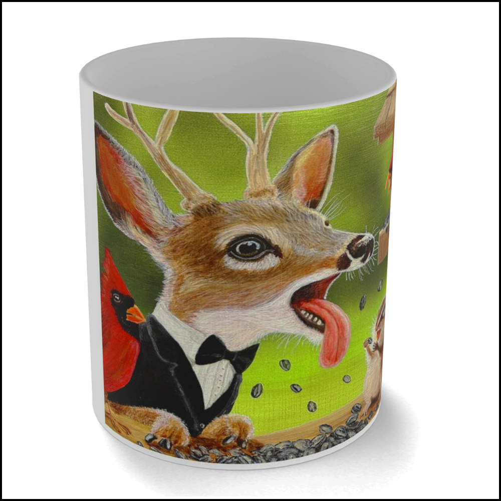 A ceramic coffee mug featuring a satirical painting of a deer in a tuxedo and a chipmunk stealing seeds from a bird feeder while two bright red cardinals yell at them.