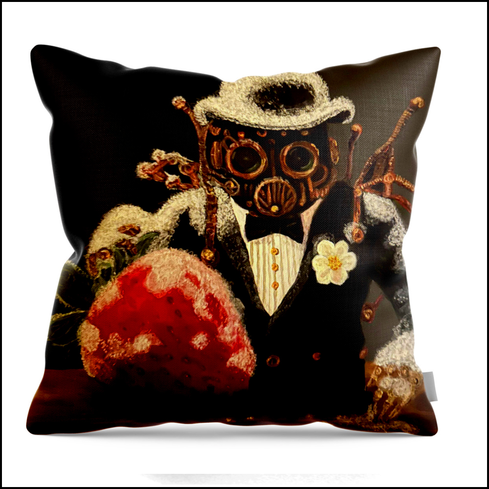 A square throw pillow featuring a satirical painting of powdery mildew personified as a steampunk character in a gas mask spraying mildew onto a ripe strawberry.