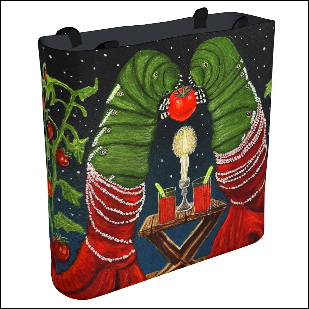 A fabric tote bag featuring a satirical painting of two tomato hornworms dressed in red evening gowns dining on a tomato and drinking Bloody Marys.