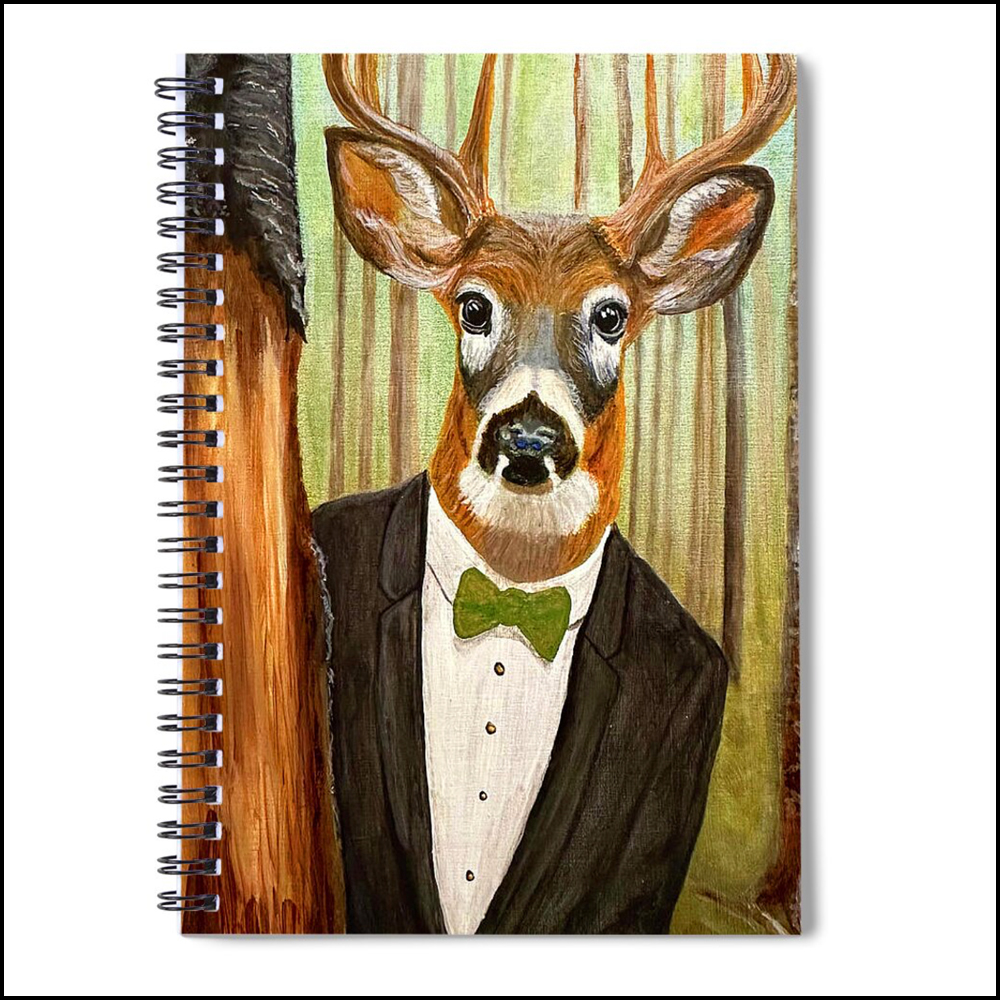 A spiral notebook featuring a satirical painting of a deer dressed in a tuxedo standing next to a garden tree that he has stripped of its bark.