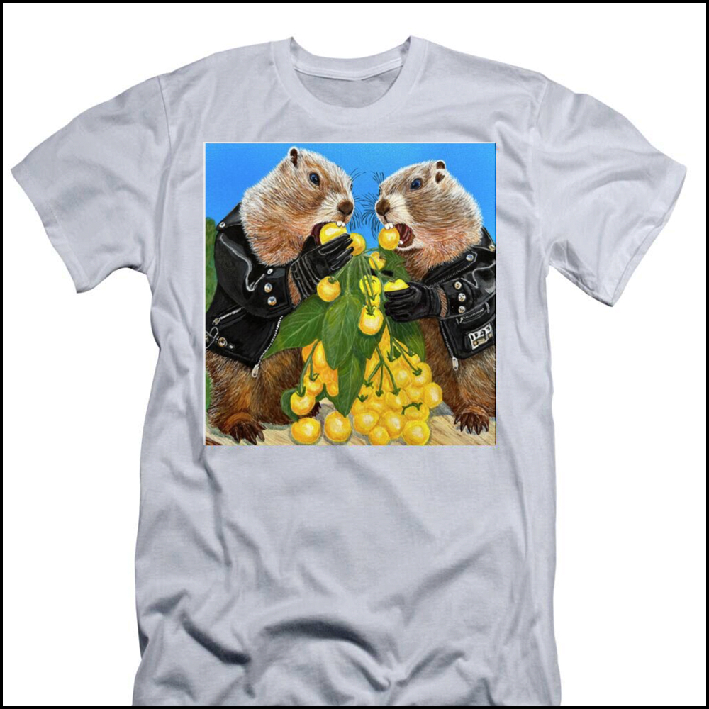 A white t-shirt featuring a satirical painting of two male groundhogs wearing leather motorcycle jackets, caught eating yellow cherry tomatoes.