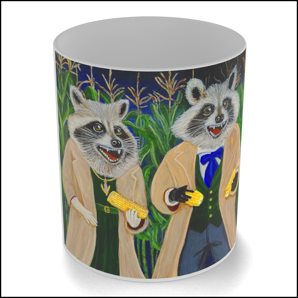 A ceramic coffee mug featuring a satirical painting of a male and female raccoon in elegant evening wear raiding a cornfield under the night sky.