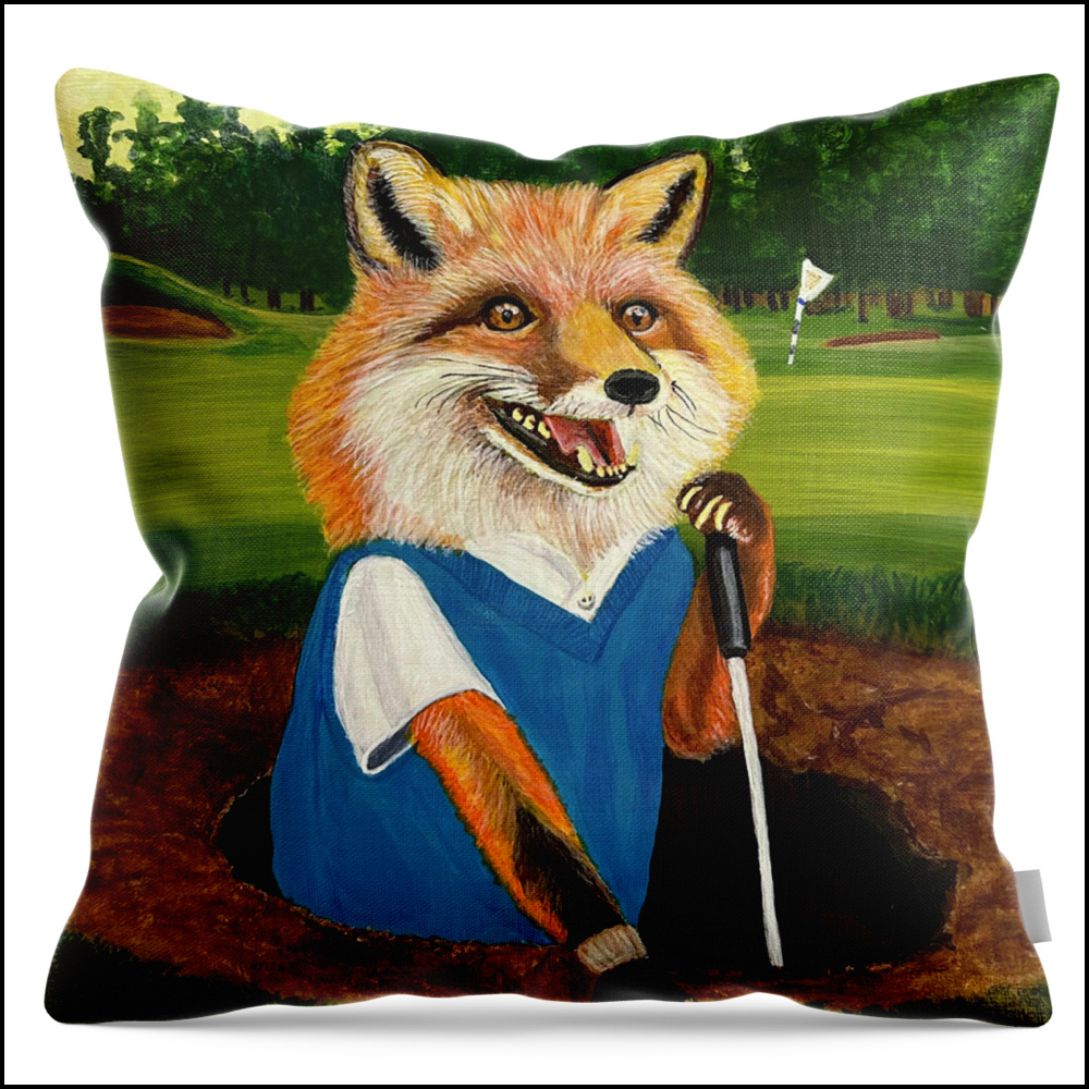 A square throw pillow featuring a satirical painting of a fox dressed in golfer attire looking out from a hole on a golf course green.