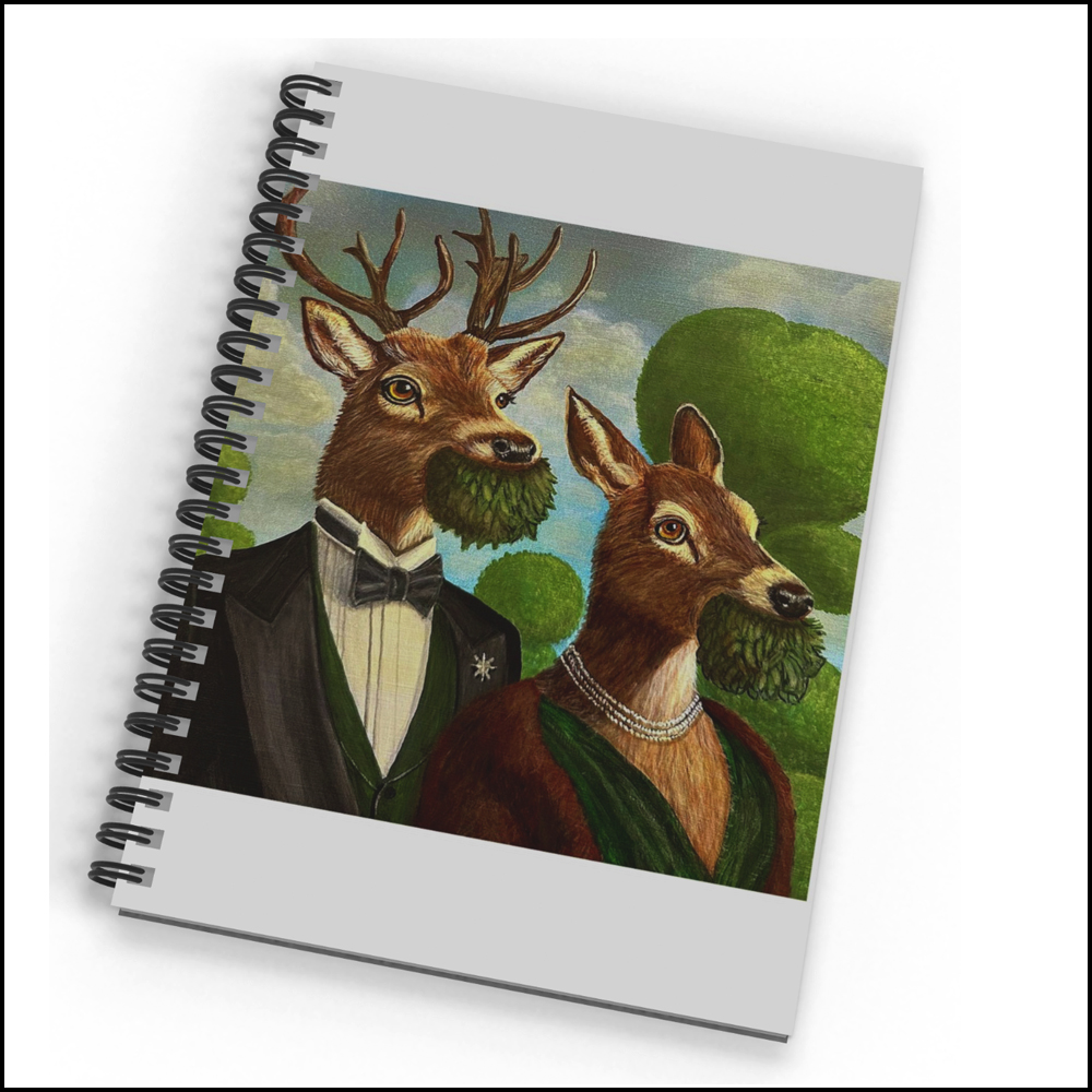 A spiral notebook featuring a satirical painting of a male deer in a tuxedo and a female deer in a green gown and mink stole, both with their mouths stuffed with pieces of a garden topiary bush.