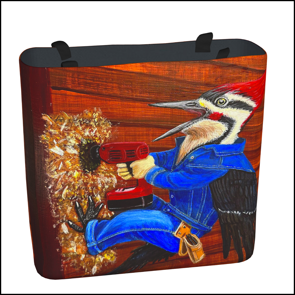 A fabric tote bag featuring a satirical painting of a woodpecker dressed in a denim jacket and jeans using a power drill to bore a hole into the side of a house.