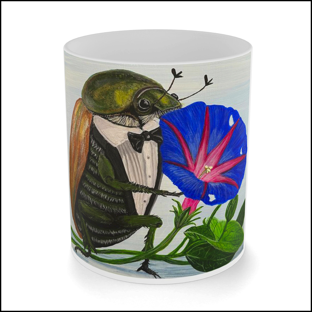 A ceramic coffee mug featuring a satirical painting of a giant Japanese beetle wearing a tuxedo and eating a vibrant blue morning glory flower.