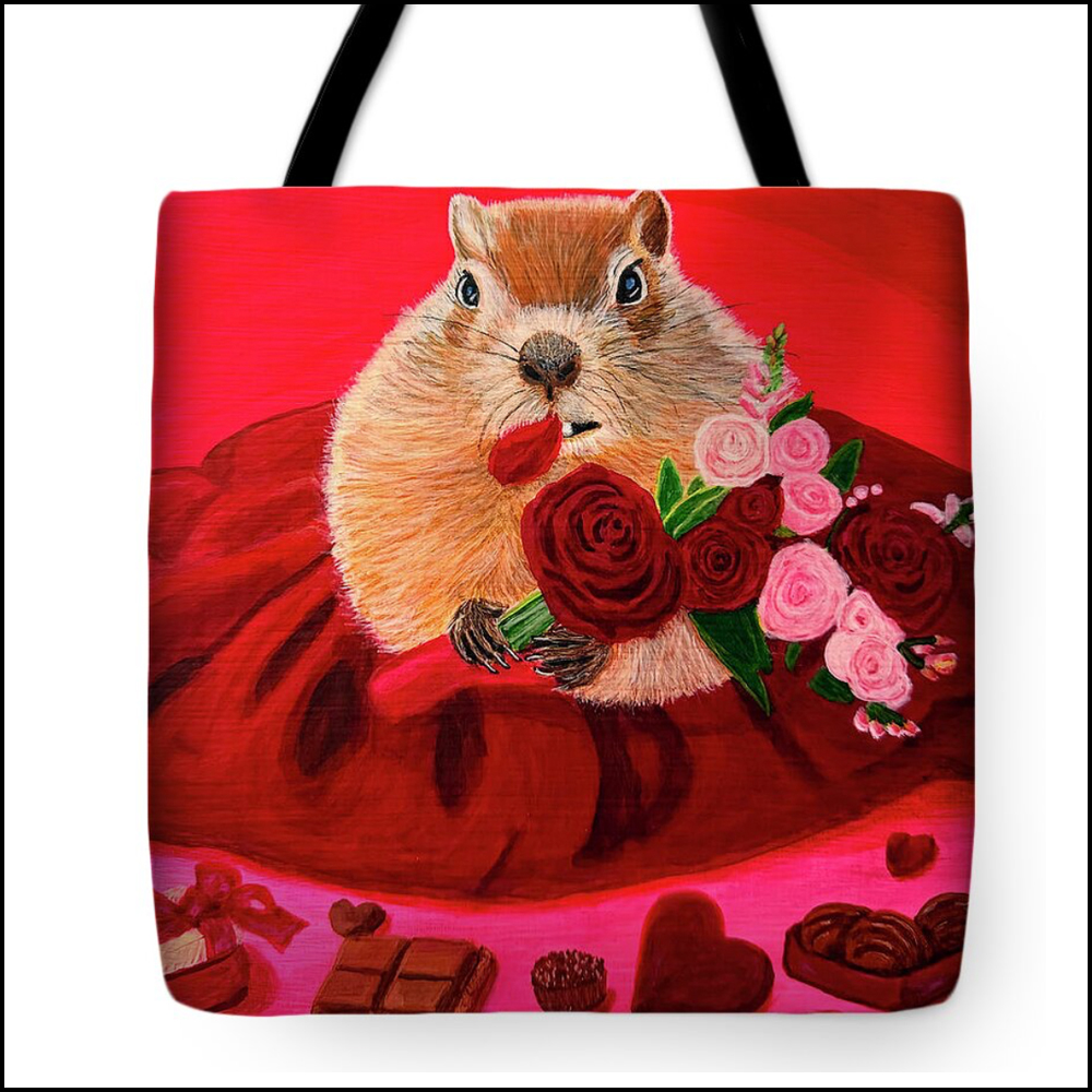 A fabric tote bag featuring a satirical painting of a female groundhog in a red dress eating a bouquet of roses, surrounded by scattered Valentine's Day chocolates.