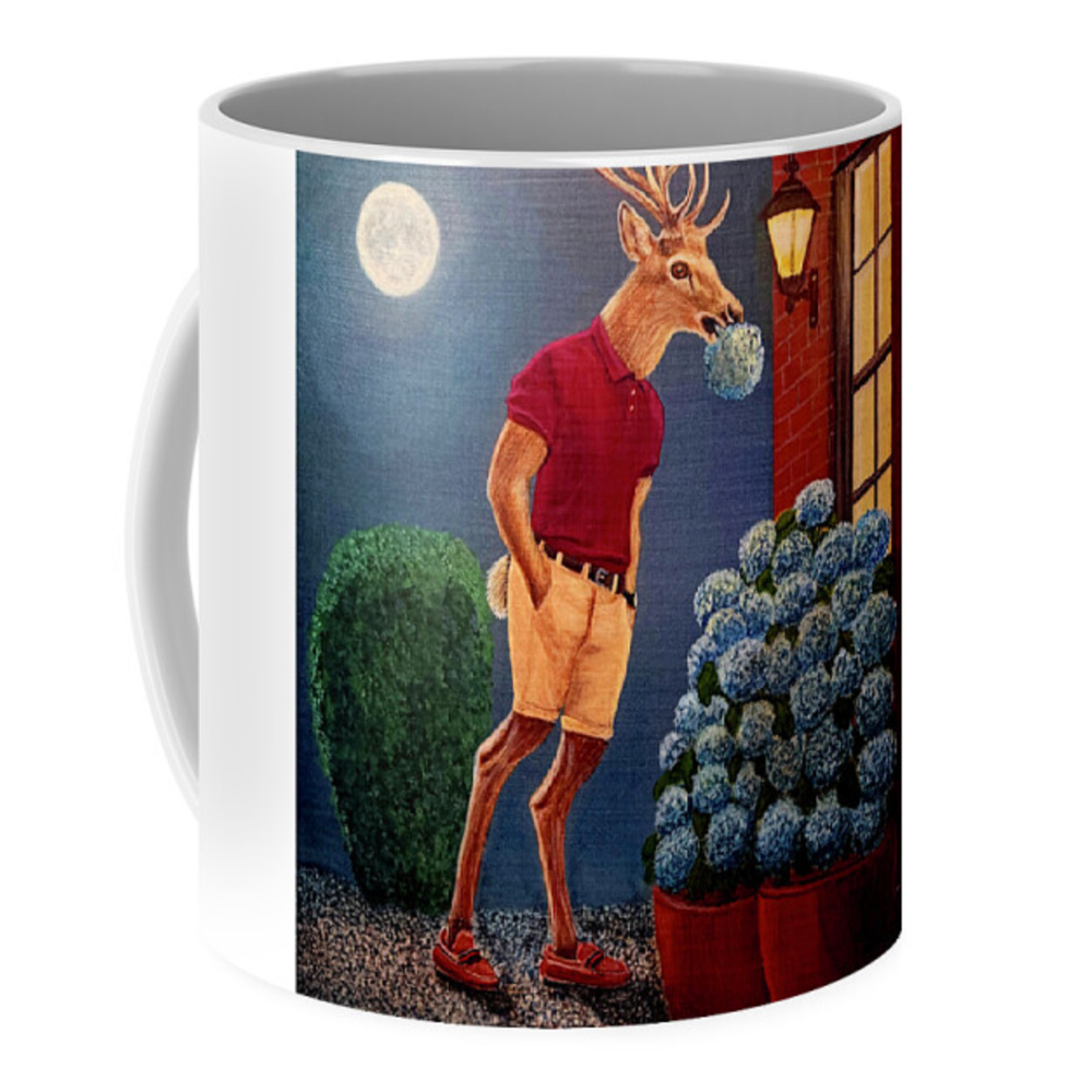 A product mockup featuring a satirical painting of a male deer dressed in a polo shirt and shorts, dining on a potted hydrangea plant next to a house at night.