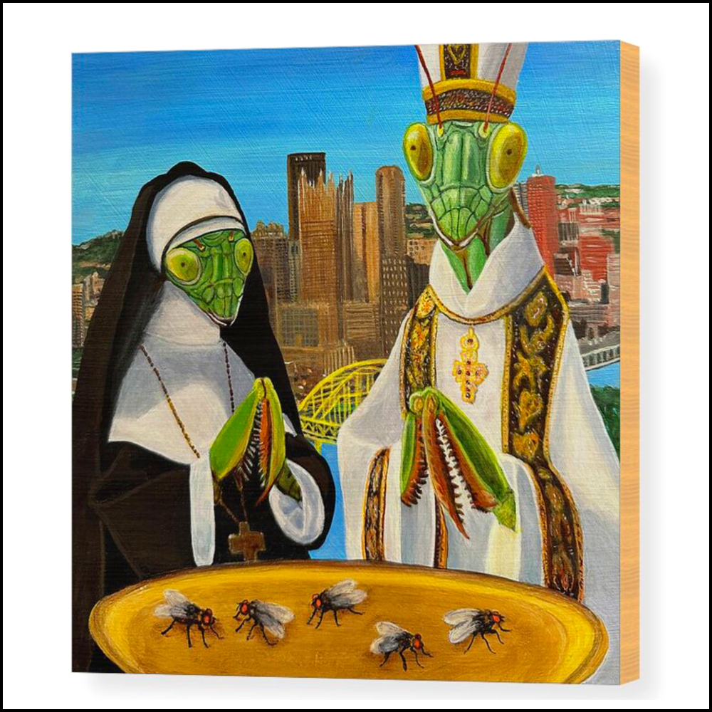 A wood panel print featuring a satirical painting of a praying mantis duo dressed as a nun and a priest.