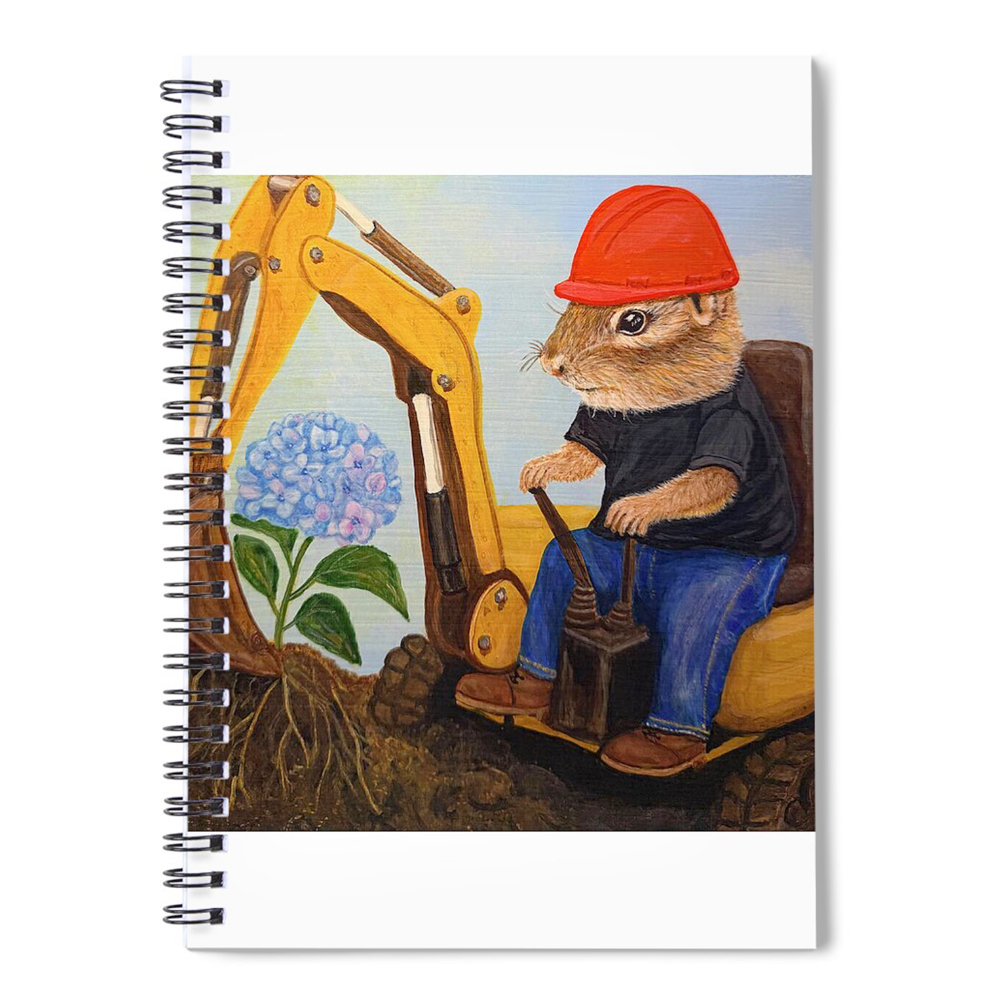 A spiral notebook featuring a satirical painting of a chipmunk wearing a red safety hat, a black t-shirt, and jeans, operating a backhoe to dig up a hydrangea plant.