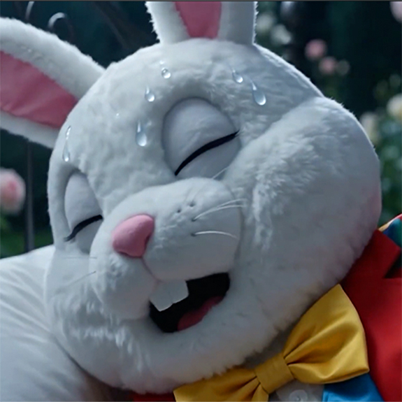 A close-up headshot illustration of the Bloomin Fool artist persona as a rabbit, sleeping uncomfortably with beads of sweat on his brow from a vivid bad dream.