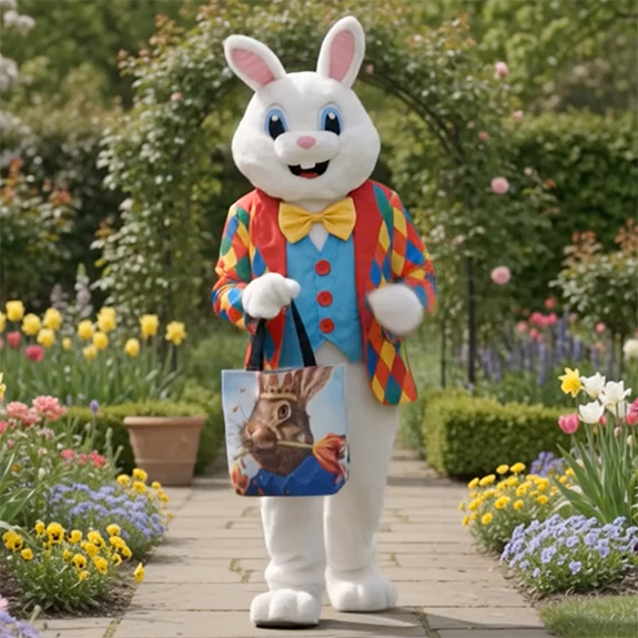 The Bloomin Fool rabbit persona character walking through a whimsical Western Pennsylvania garden landscape.