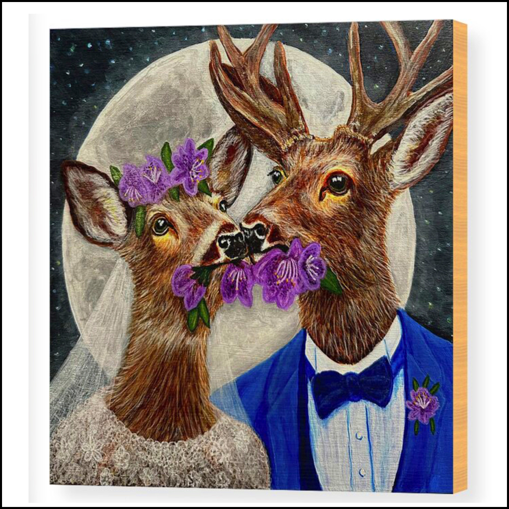 A wood panel print featuring a satirical painting of a deer bride in a wedding gown and a groom in a blue tuxedo eating prized garden rhododendrons.