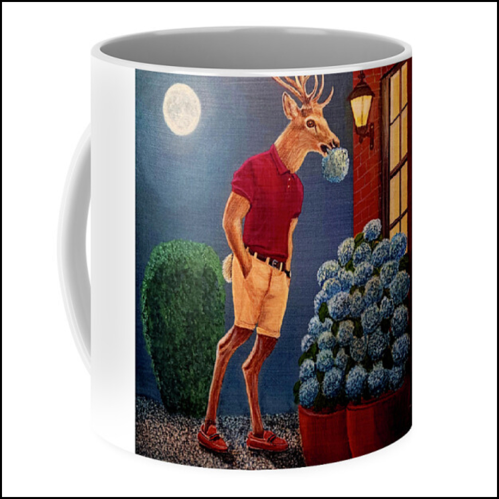 A product mockup featuring a satirical painting of a male deer dressed in a polo shirt and shorts, dining on a potted hydrangea plant next to a house at night.