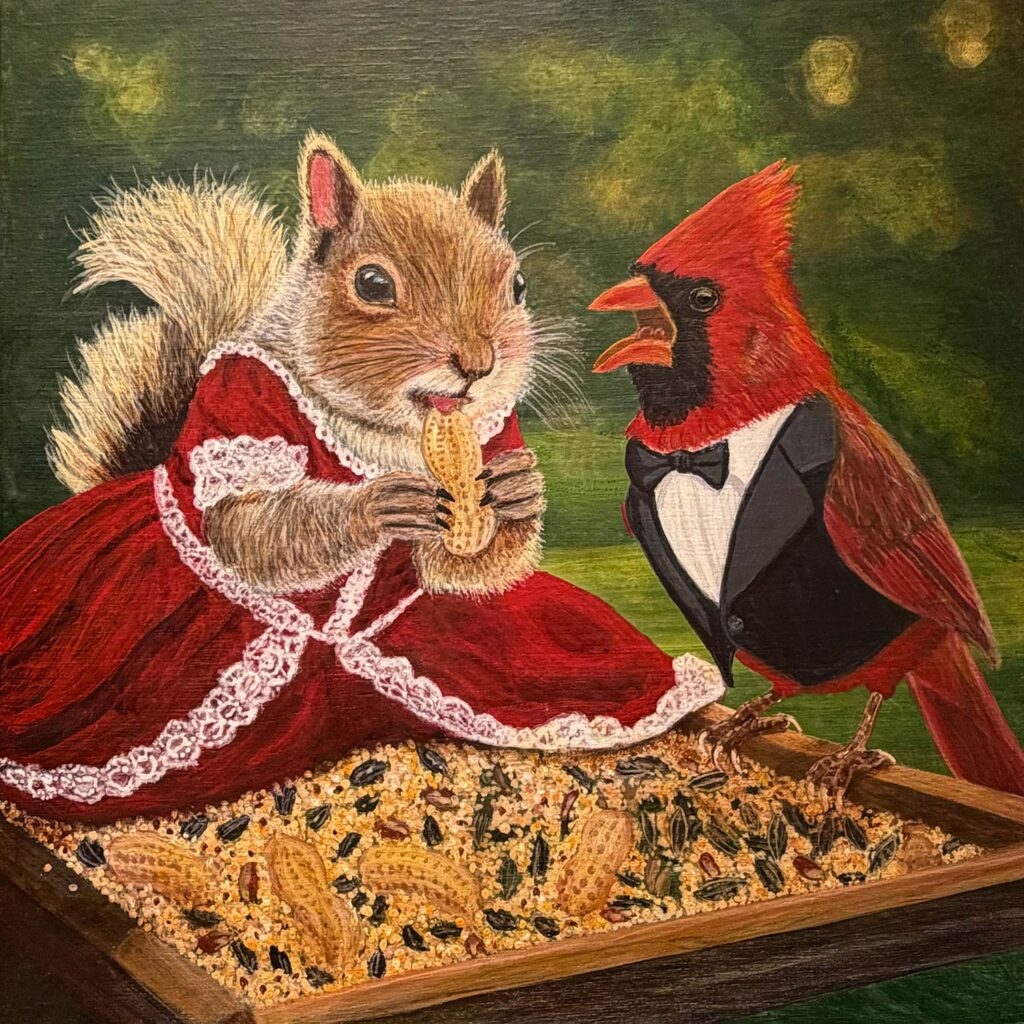 The original painting Good Squirrel 1.0 by Pittsburgh artist The Bloomin Fool, depicting a squirrel in a lace-trimmed red dress eating a peanut from a bird feeder while a male cardinal in a tuxedo protests.