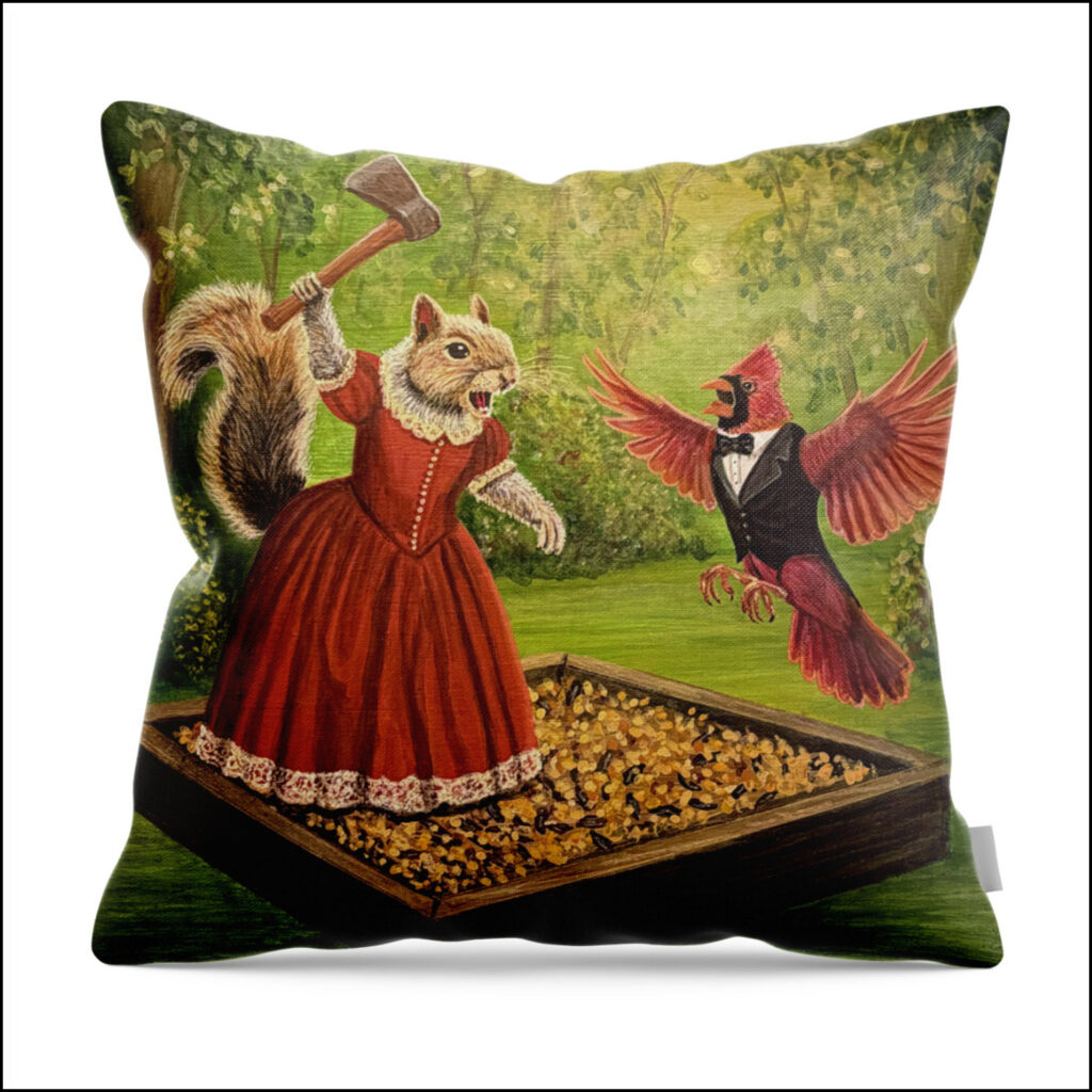 Decorative throw pillow depicting a female squirrel in a red dress swinging a hatchet at a flying cardinal in a tuxedo.
