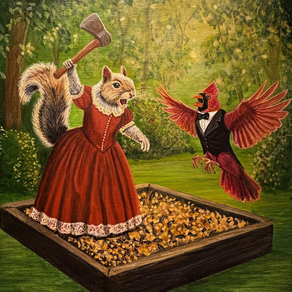 A female squirrel in a red lace dress swings a hatchet at a flying male cardinal in a tuxedo by a bird feeder.