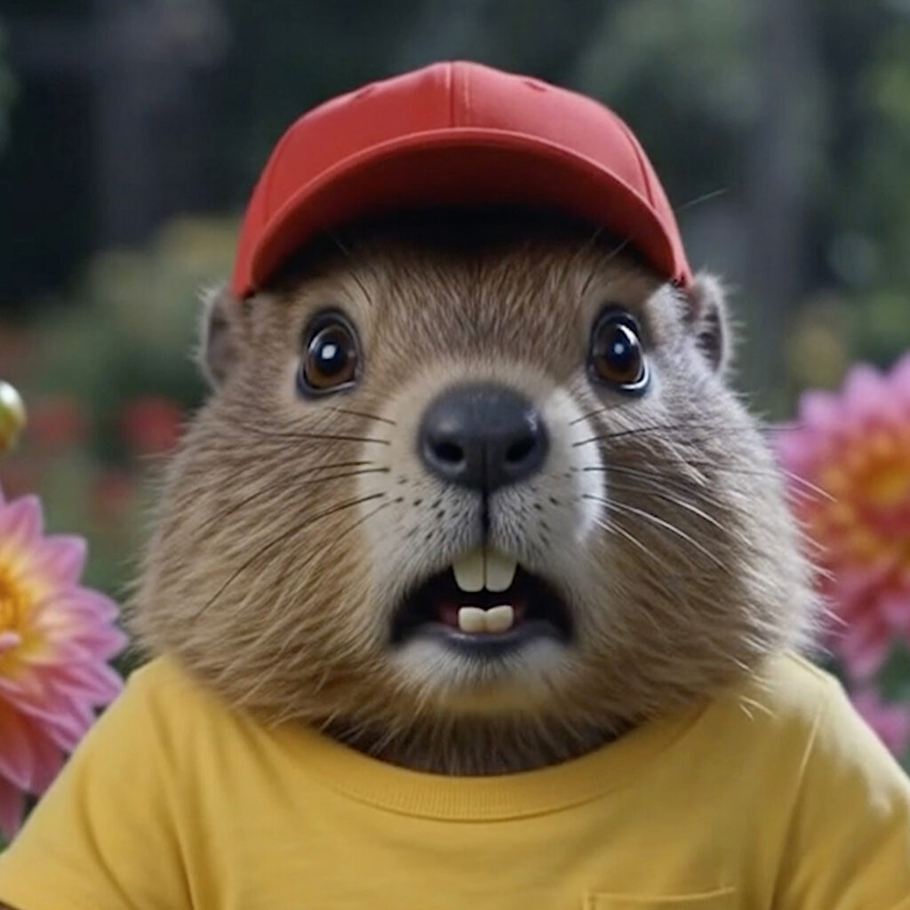 An illustration of the Bloomin Fool catching a startled groundhog wearing a red baseball cap red-handed in the garden.