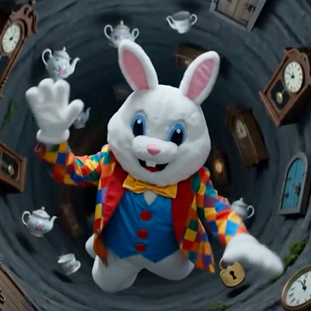An illustration of the Bloomin Fool artist persona as a rabbit, falling backward into a dark rabbit hole with a look of sheer panic.