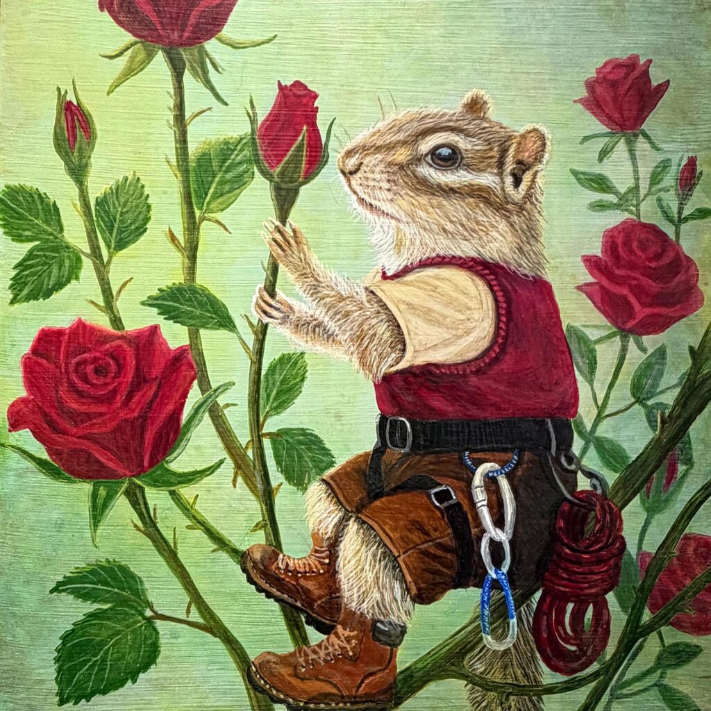 Chipmunk Climber original acrylic painting by Bloomin Fool, depicting a chipmunk in mountaineering gear scaling red roses.